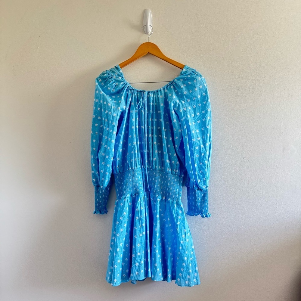 NWT Rixo Lina Blue Floral Puff Sleeve Smocked Waist Cottagecore Dress Sz  Medium